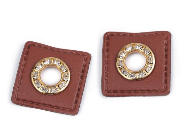 Ösenpatch mit Strass-Steinchen 30x30 mm Braun/Gold, Lochdurchmesser 8 mm 